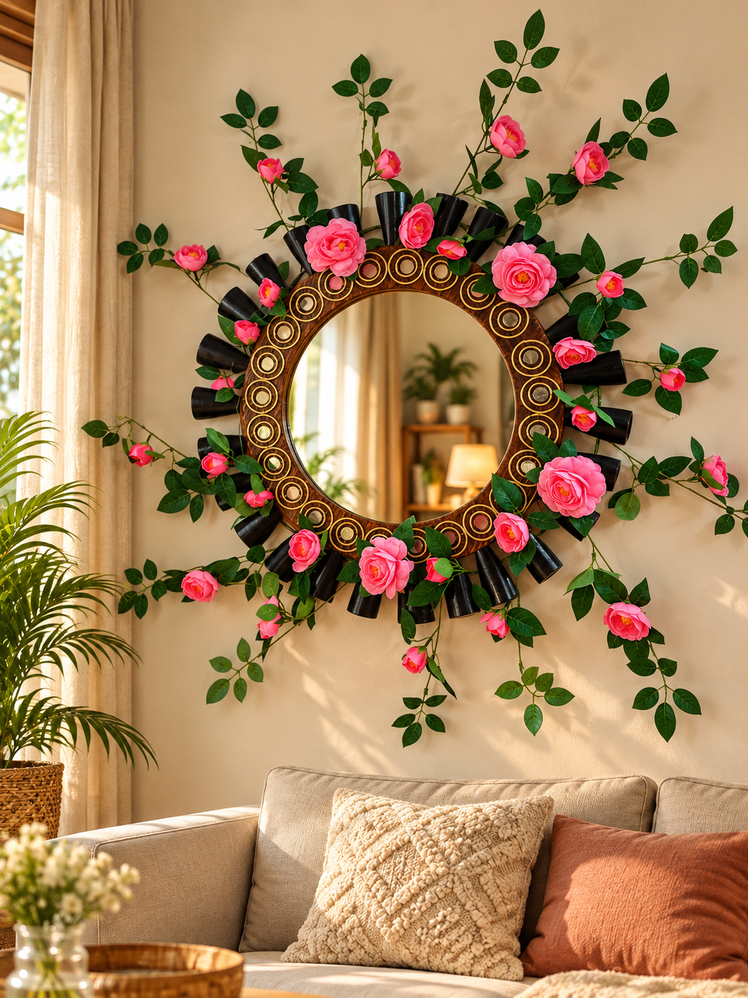 Wooden mirror with rose vine